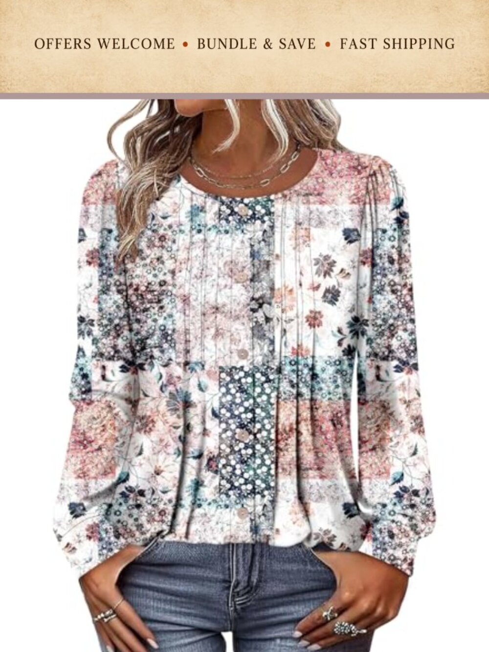 Women's Pleated Tunic Top Long Sleeve Crew Neck Loose Fit Blouse